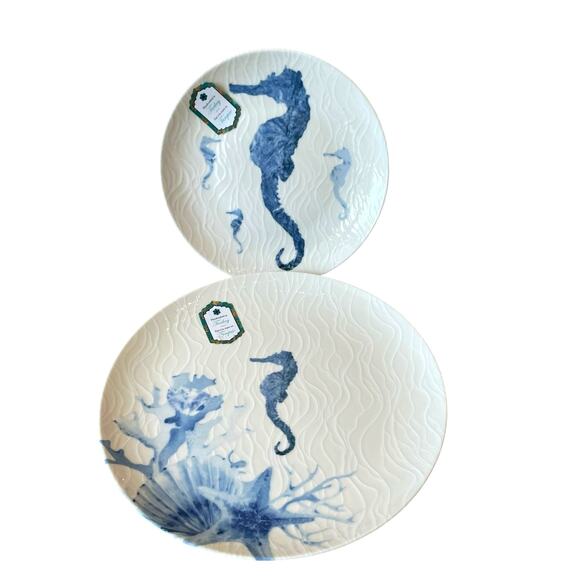 INTESA HOME Sea Life Blue Seahorse Porcelain Salad & Dinner Plate Set of 2 NEW - Picture 1 of 15